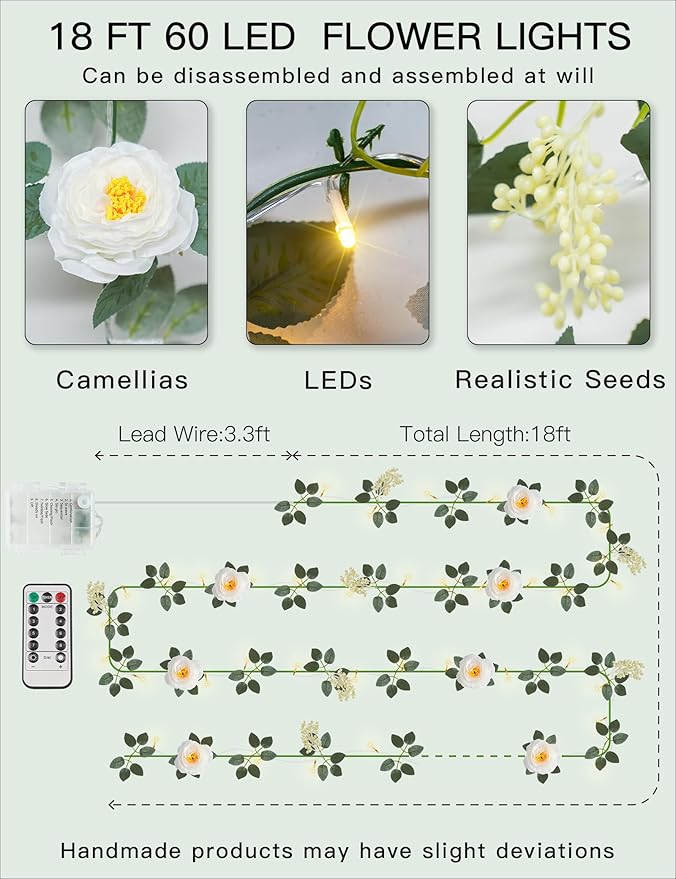 suddus Flower Garland with White Camellia Fairy Lights Indoor, 60 LED Vines String Lights Battery Operated with Remote, Artificial Fake Flowers Leaf Lights for Wedding,Bedroom,Centerpieces,Arch Decor