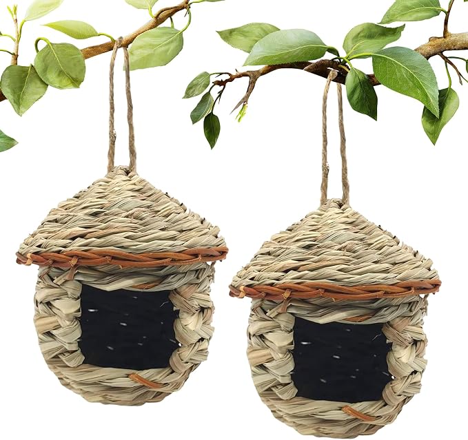 Gute Hummingbird House, Grass Hand Woven Birdhouses for Outdoors Hanging, Natural Bird Hut for Outside, Bird Houses for Audubon Finch Canary Chickadee - Set of 2