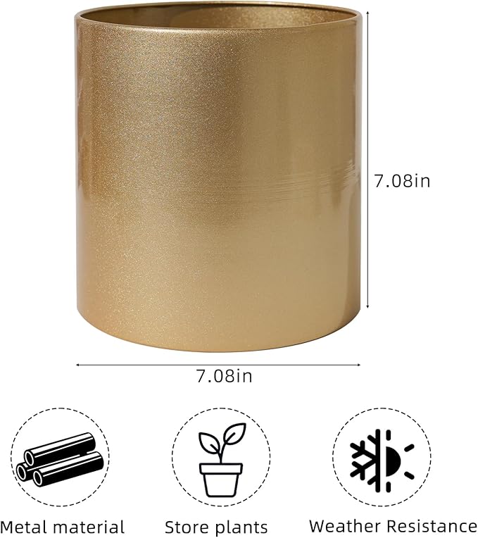 Metal Plant Pot with Drainage Hole,Mid Century Modern 7 inch Round Pot Indoor Outdoor Planters Gift for Decorative Pots of Tabletop Living Room Bedroom Gold