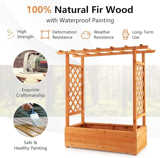 MAT EXPERT Raised Garden Bed with Trellis & Hanging Roof, Lattice Panel with Drainage Hole for Flower, Climbing Plant, Herb, Planter Box for Garden, Patio, Yard (1, 43.5" x 17.5" x 44" (L x W x H))