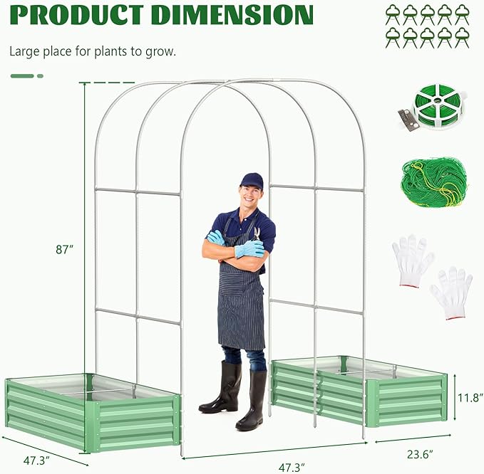 3 in 1 Galvanized Raised Garden Bed with 87" H Arch Trellis for Climbing Plants, Outdoor Gardening Planter Box with Climbing Net for Flower Vegetables Fruits Herbs, Green