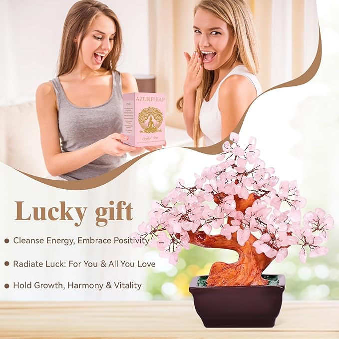 Feng Shui Natural Rose Pink Quartz Crystal Money Tree Bonsai Style Decoration for Wealth and Luck (Pink)