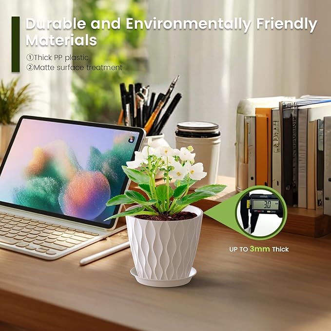 Meowell 5 inch Plant Pots for Indoor Outdoor Plants, 6 Pack Thick Nursery Pots with Drainage Holes and Saucers, 3D Modern Wave Texture Small Plastic Planter Flower Pots, Multicolor