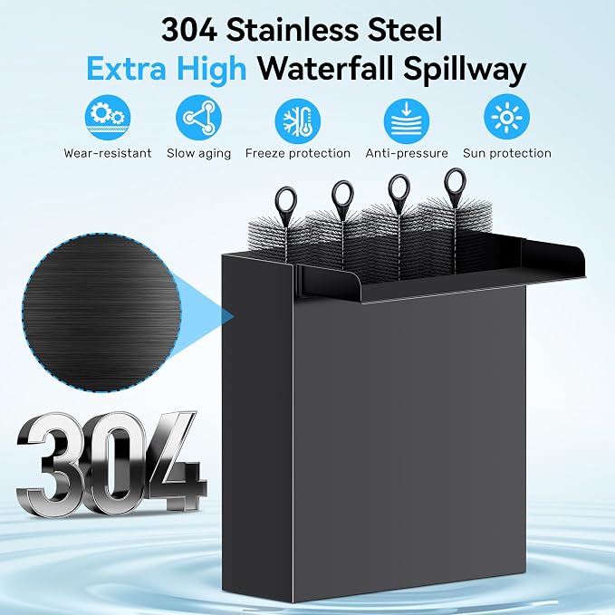 POPOSOAP Pond Waterfall Spillway with Pump Kit, 13.4" H x 12" W Stainless Steel Pond Waterfall Box with Pond Pump, Filtration, 10FT Corrugated Tubing for Outdoor Garden Pond Spillway
