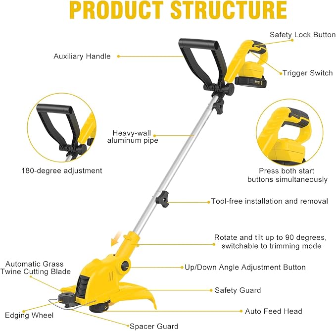 21V Cordless String Trimmer & Edger, 12" Auto-Feed Grass Cutter with 2.0Ah Battery & Fast Charger, 2-in-1 Electric Lawn Tool Includes 10 Lines for Garden and Yard Maintenance-Yellow