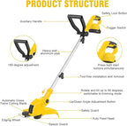 21V Cordless String Trimmer & Edger, 12" Auto-Feed Grass Cutter with 2.0Ah Battery & Fast Charger, 2-in-1 Electric Lawn Tool Includes 10 Lines for Garden and Yard Maintenance-Yellow