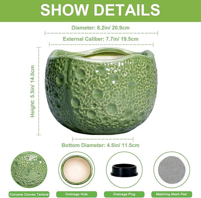 8 Inch Plant Pot - Ceramic Pots for Plants with Drainage Hole, Round Decorative Plant Pots for Indoor Outdoor, Modern Unique Flower Pot, Office Decor, Garden Gifts, Green