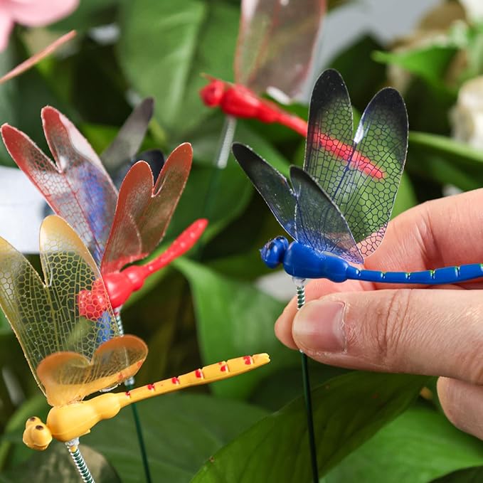 VGOODALL 24PCS Dragonfly Garden Stakes, Plastic Garden Decorations 4 Colors Dragonfly Ornaments for Indoor Outdoor Yard