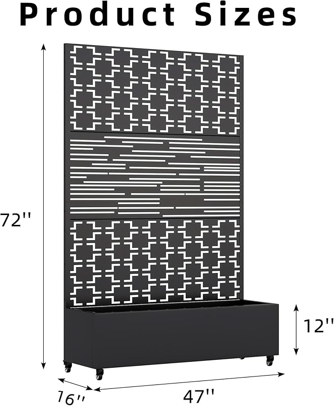 Casaphoria Metal Raised Garden Bed with Trellis and Wheels, 72"x47"x16" Planter Box for Climbing Plants, Vegetables & Vines, Features Drainage Holes and Privacy Screen, Black(Square&Shine)