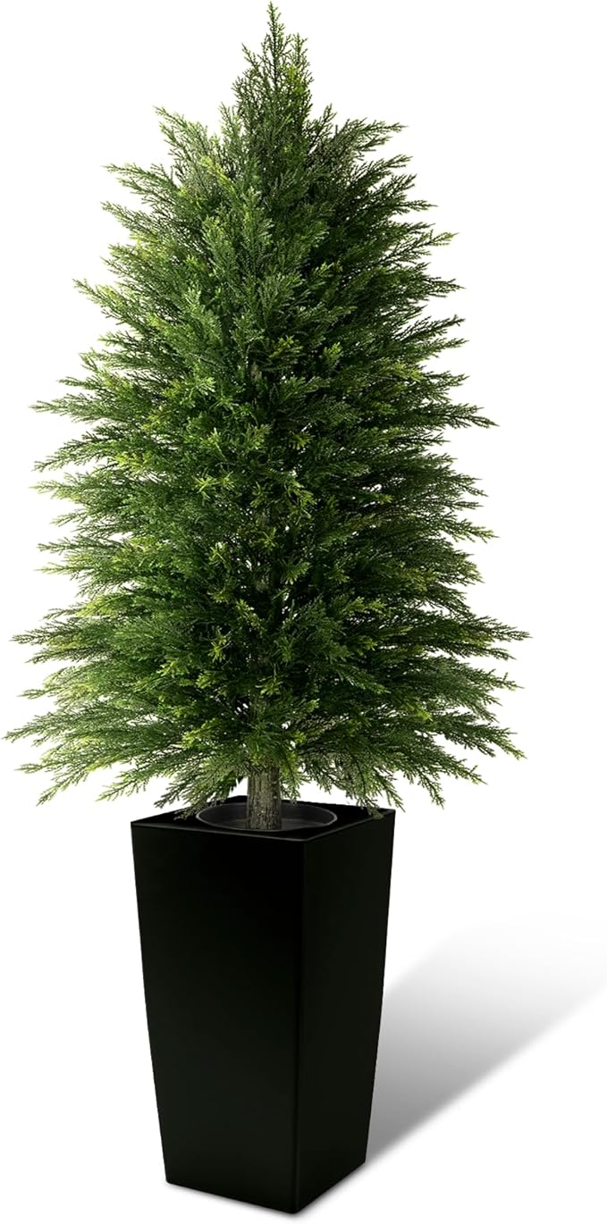 4FT Tall Artificial Cedar Topiary Tree with Full Bushy Columnar Shape, Realistic Faux Cypress in Square Black Pot with Fillable Water Bag, Outdoor Evergreen for Front Porch Garden Home Decor
