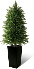 4FT Tall Artificial Cedar Topiary Tree with Full Bushy Columnar Shape, Realistic Faux Cypress in Square Black Pot with Fillable Water Bag, Outdoor Evergreen for Front Porch Garden Home Decor