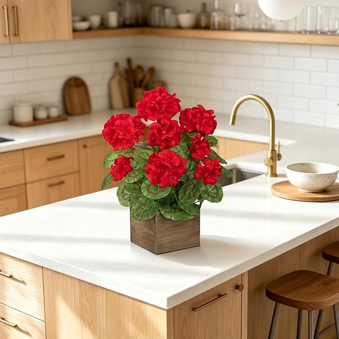 Briful Artificial Geraniums Flowers in Square Wooden Box, Faux Red Silk Geranium Potted Plant, 15.7" Fake Floral Arrangement for Rustic Farmhouse Home Kitchen Table Centerpiece Patio Décor