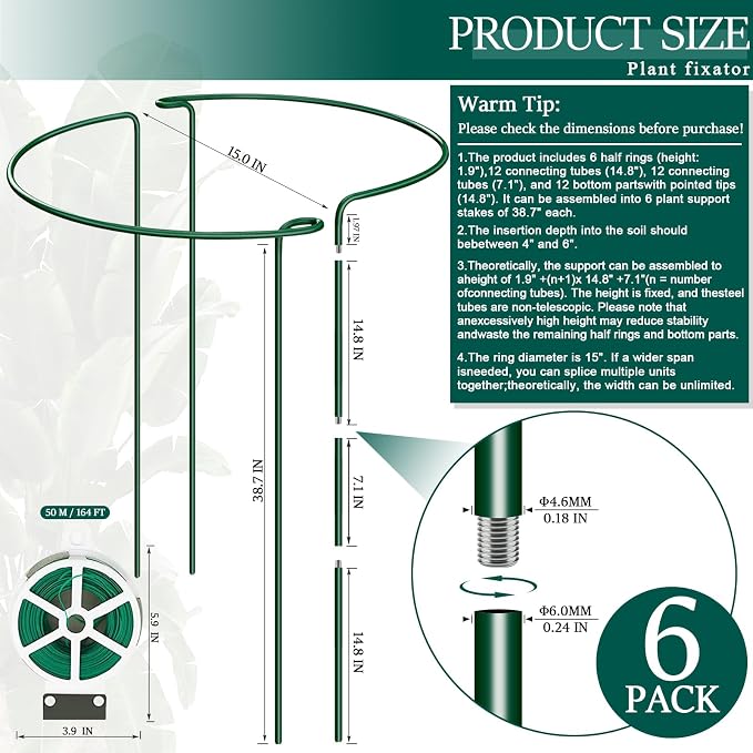 6-Pack 38.7” Plant Support Stakes, Steel Plant Cage & Peony Tomato Hydrangea Cage, Garden Stakes for Outdoor Plants, Heavy-Duty Plant Stakes, 16.7” Support + 22” Extension Tubes