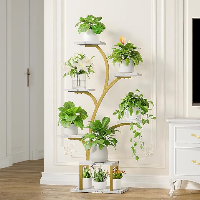 BACEKOLL Plant Stand Indoor with Grow Lights, 7 Tiered Indoor Plant Shelf, 49" Corner Plant Stands for Indoor Plants, Metal Plant Flower Display Shelf, Tree-Shaped Plant Rack for Home, Faux Marble