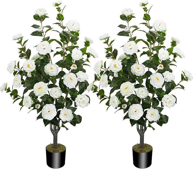 2 Pack 43.3"/3.6FT Artificial Camellia Tree Fake Outdoor Tree with 32 Blooming Flowers White Tree for Home Front Door Winter Christmas Indoor Decor (Including Faux Moss)