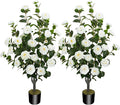 2 Pack 43.3"/3.6FT Artificial Camellia Tree Fake Outdoor Tree with 32 Blooming Flowers White Tree for Home Front Door Winter Christmas Indoor Decor (Including Faux Moss)