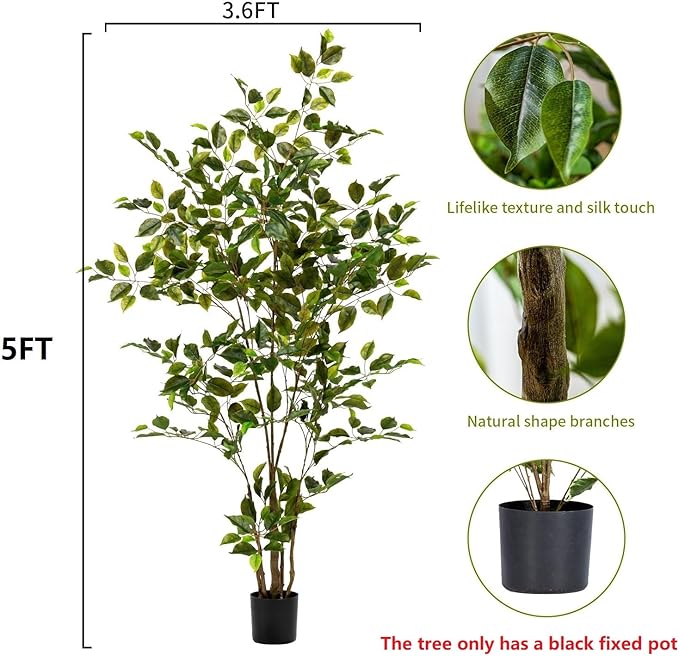 Bailikang Artificial Ficus Tree Indoor 5ft, Large Potted Faux Tree with Realistic Silk Leaves & Trunk for Home Office, Living Room Corner Decor