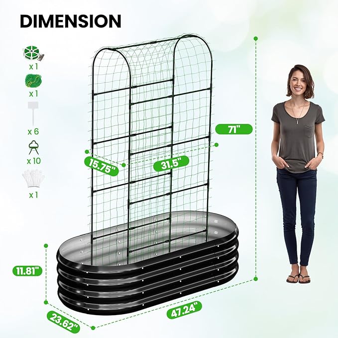 DoCred 2 in 1 Galvanized Raised Garden Bed, 1Pcs Garden Planter Box with 71" H Trellis for Climbing Plants, Outdoor Gardening Raised Beds with Climbing Net for Fruits, Vegetables, Flower (Black)