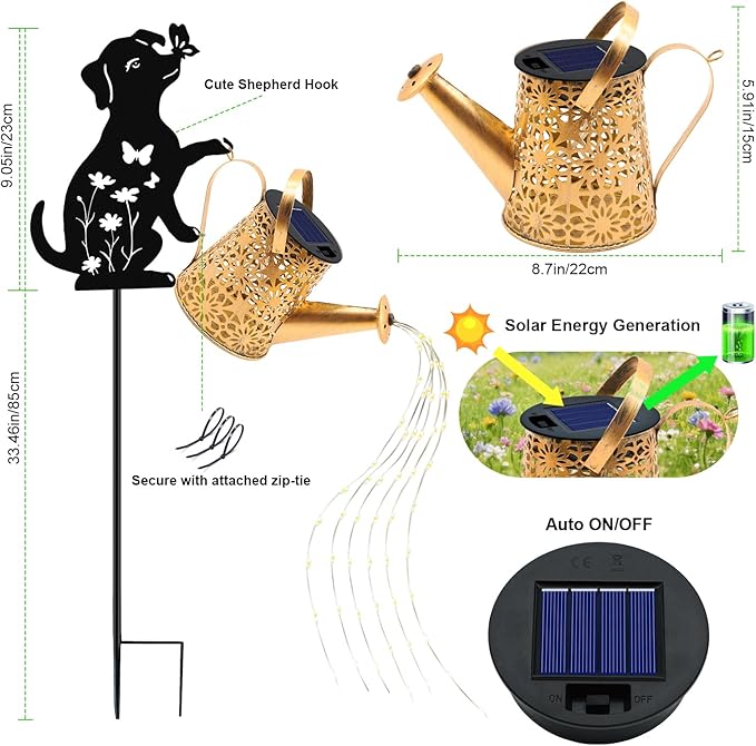 Solar Lights Outdoor, Dog Solar Watering_Can Lights, Birthday Gifts for Women Mom Mother's Day Christmas, Waterproof Metal Hanging Lantern Garden Decor Outside Patio Yard Pathway Backyard, 2 Pack