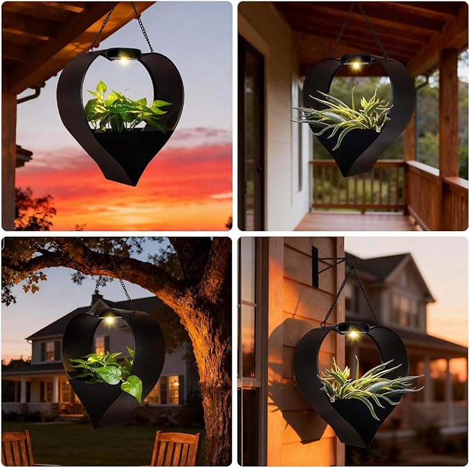 Hanging Planter with Auto-On/Off Solar Lights, Metal Heart Shaped Flower Pot for Home Garden, Patio, Porch, Balcony, Outdoor Decro, Unique Birthday Gifts for Women, Mom, Wife, Gardeners (Black)