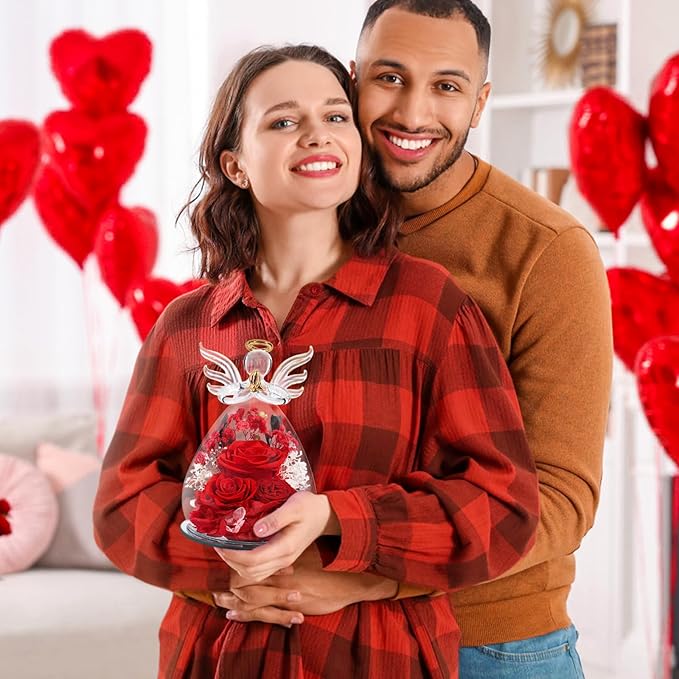 Gifts for Mom Mothers Day Birthday Gifts for Women Preserved Rose Forever Flower in Glass Angel Figurines Fresh Flowers for Delivery Anniversary Real Colorful Roses for Grandma Her Wife from Daughter