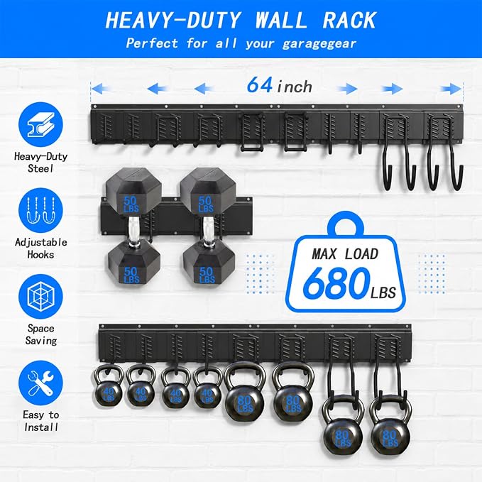 CBWLWJ 64 Inch Garage Tool Organizer Wall Mount, Heavy Duty Steel Storage Rack with 10 Adjustable Hooks, 680 lbs Capacity for Garage, Shed, Basement, Workshop,（Black）