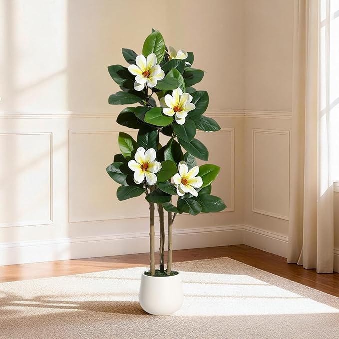Fiddle Leaf Fig Tree 4FT Tall Artificial Plant, Large Fake Tree in White Planter, Faux Rubber Tree Fake Floor Plant with Magnolia Flowers - Artificial Tree for Home Office Living Room Decor, White