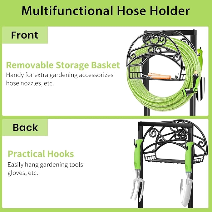 TomCare Garden Hose Holder Upgraded Water Hose Holder Heavy Duty 4 Spikes Hose Hanger Holds 160 Feet Hoses Stable Freestanding Hose Storage Organizer for Outside Yard
