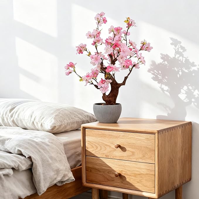 TOARTi Artificial Pink Cherry Blossom Potted Plant with Stone Pot, 18" Tall Fake Flowers Faux Plants Desk Plant, Realistic Plants Home Indoor Decor for for Home Bedroom Bathroom Office Desk