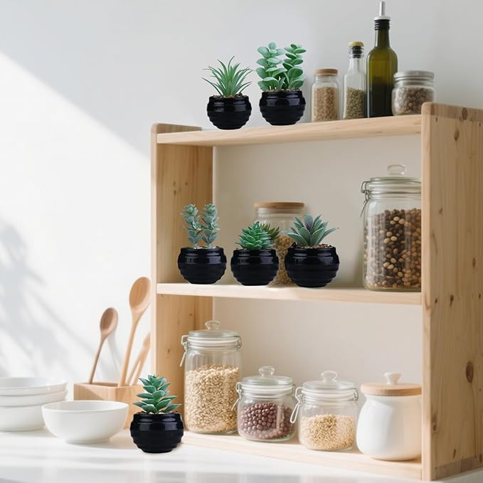 GREENTIME 6 Pcs Green Artificial Succulent Plants in Black Plastic Pots Mini Faux Succulent Plants Indoor Room Decor Aesthetic Bedroom Shelf Desk Bathroom Office Table Home Decoration
