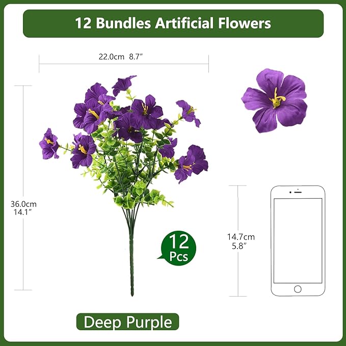 INQCMY Artificial Fake Petunias Flowers for Outdoors Spring Summer Decoration, 12 Bundles Faux Flower Plants UV Resistant Purple Realistic Silk Flower for Outside Planters Patio Porch Yard Window Box