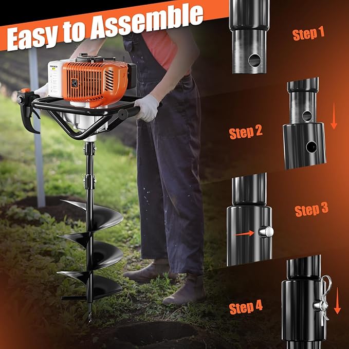 Baotree Post Hole Digger, 72cc Auger Post Hole Digger, Gas Powered Earth Digger with 2 Auger Drill Bits(6" & 8") + 2 Extension Rods31.5 & 15", for Farmland, Garden and Plant (72CC)