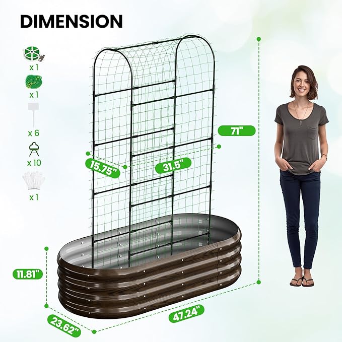 DoCred 2 in 1 Galvanized Raised Garden Bed, 2Pcs Garden Planter Box with 71" H Trellis for Climbing Plants, Outdoor Gardening Raised Beds with Climbing Net for Fruits, Vegetables, Flower (Wood Grain)