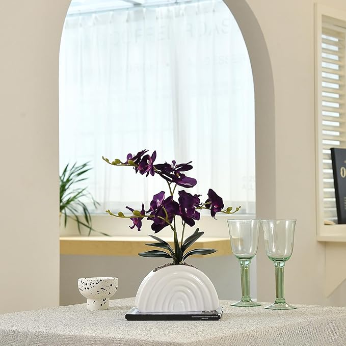 Fake Orchid Plant in White Rainbow Pot, Artificial Silk Phalaenopsis Orchid Flowers for Home Décor, Table Centerpiece, Office Desk (Dark Purple)