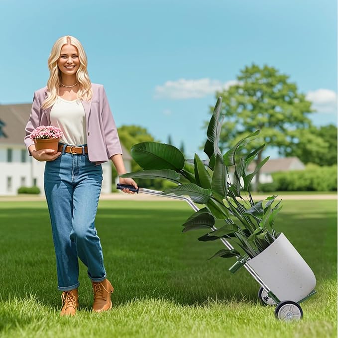 Potted Plant Mover Dolly with Flat-Free Rubber Wheels, Garden Pot Mover with Adjustable Grip, Max 200 Lbs Capacity, Plant Dolly Caddy Steel Baseplate Ergonomic Design for Carrying Heavy Pots