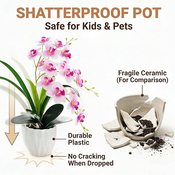 Artificial Orchid Potted Plant, White Purple Fake Orchid Flowers with White Pot, Bendable Faux Phalaenopsis Flower Arrangement for Home Office Table Centerpiece Wedding Party Bathroom Decor