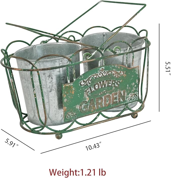 Vintage 2-Piece Metal Planter Set, Distressed Green Iron Wire Basket with Flowers Garden Sign, Rustic Farmhouse Plant Pots for Tabletop, Window Sill & Balcony Decor (Green)