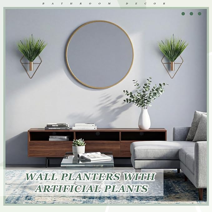 Canlierr 4 Pieces Bronze Wall Decor Hanging Planters with Artificial Aquatic Plants Metal Hanging Vase Indoor Plants Holder Modern Boho Wall Art for Bathroom Bedroom Living Room Decor