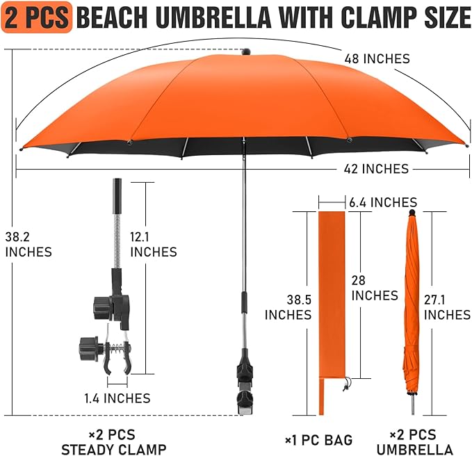 2 PACK Beach Umbrella with Clamp, 360 ° Adjustable Umbrellas for Chair, UPF50+ Umbrella for Beach Chair, Patio Chair, Wheelchair, Camping Chair, Golf Carts (Chair Not Included)
