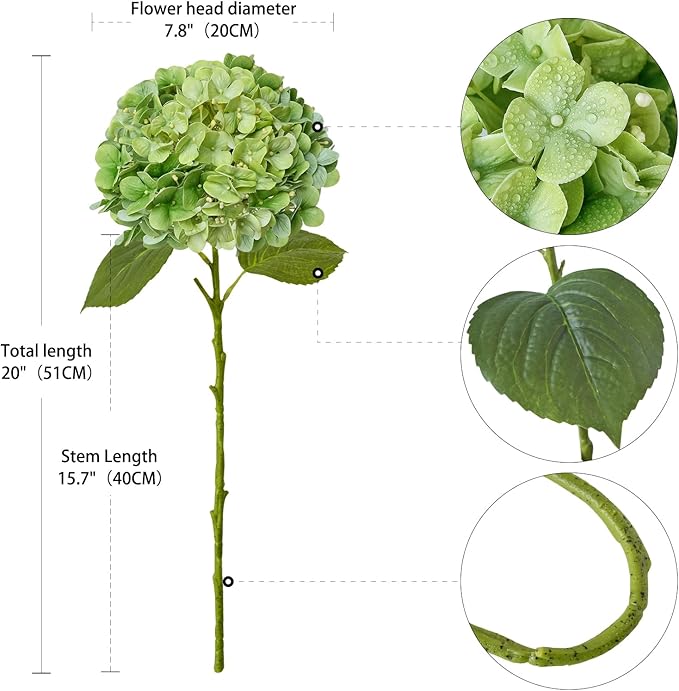 ZYTUYO 4PCS Green Fake Real Touch Hydrangea Flowers 20'' Lifelike Latex Artificial Hydrangeas for Spring Home Decor Outdoor Garden Porch Indoor Bathroom Living Room Kitchen Table Centerpiece