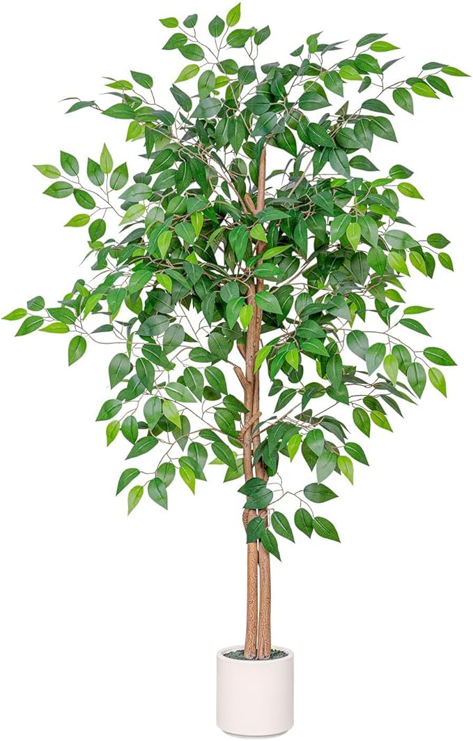 Artificial Ficus Tree 6FT Tall, Faux Ficus Tree Indoor Outdoor, Fake Silk Ficus Plant with Planter, Lifelike Leaves Large Potted Floor Tree for Home Office Living Room Porch Decor