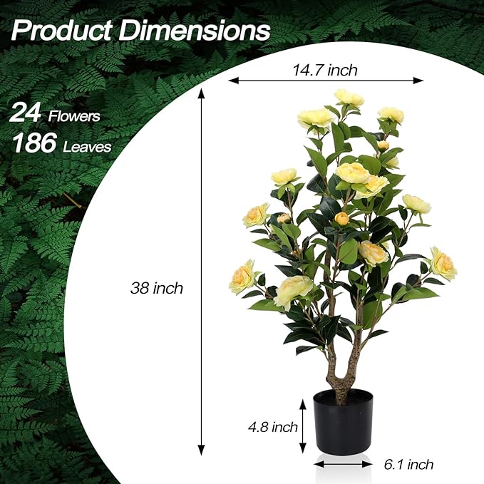 Artificial Camellia Tree 2 Pack - Realistic Camellia Plants in Pot with Yellow Flowers, Lifelike Faux Greenery for Living Room, Patio, or Wedding, Yellow