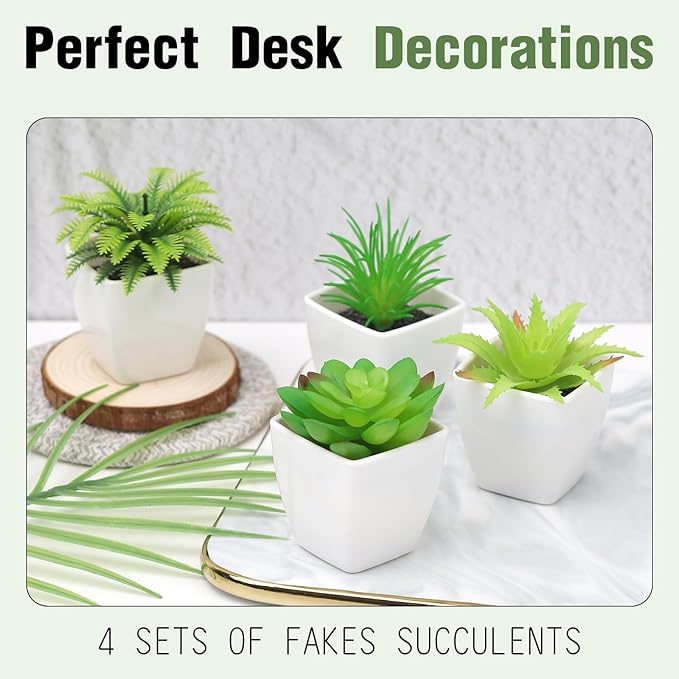 4 Pack Small Fake Plants Artificial Succulent Plants Assorted Fake Mini Succulents Plastic Plant Faux Potted Set for Home Decor Greenery Bathroom Shelf Room Indoor