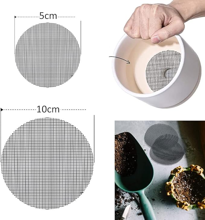 100 Pcs Round Mesh Pad for Flower Plant Pot Hole, Anti Soil Loss Bonsai Pot Bottom Grid Mat Mesh, 2 Size, 50pcs 5cm and 50pcs 10cm
