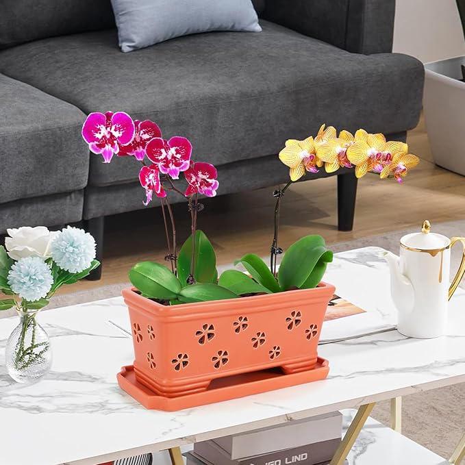 Rectangle Ceramic Orchid Pot 10In Orchid Pots with Holes for Premium Ceramic Orchid Planter for Indoor and Outdoor Use Drainage & Air Circulation Red Orchid Planter for Repotting or New Plants