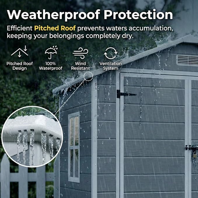 Gizoon 6x4.4 FT Resin Shed with Floor, Plastic Outdoor Storage Shed with Windows, All-Weather Garden Tool Shed with Lockable Doors, Suitable for Backyard & Patio (Grey)