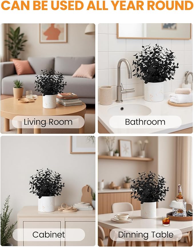 Taybonds 2 Pack Black Fake Eucalyptus Plants Potted, Small Artificial Plants in Marble Ceramic Pots, Black Christmas Decor for Shelf Desk Office Bathroom, Gothic & Minimalist Winter Home Decoration