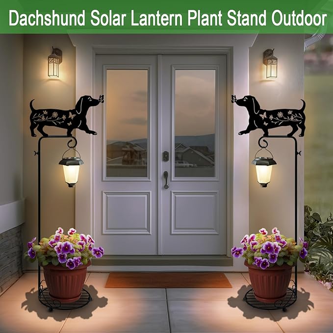 Solar Floor Lamp with Plant Stand Outdoor,Metal Dachshund Dog Garden Decorations,Solar Lanterns Outdoor Front Porch Decor for Deck,Patio,Yard