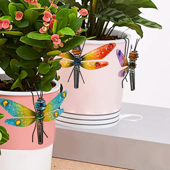 3pcs Dragonfly Decorations for Flower Pots, Colorful Metal Hanging Dragonfly Ornaments Plant Decorations Pot Huggers for Garden Yard Fence Outdoor Decor
