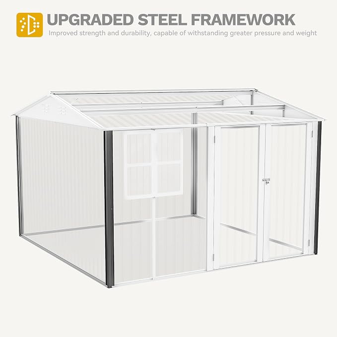 DWVO 10' x 10' Outdoor Storage Shed, Waterproof Metal Garden Shed with Windows, Lockable Doors, and Sloped Roof for Patio, Backyard, Lawn, Tool Storage, Bike Shed, Pet Shelter (Gray + White)